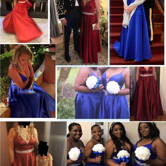 Yexinbridal Spaghetti Straps Prom Dress Long Satin Beaded V-Neck with Pockets - Picture 3 of 3